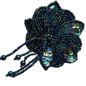 Iridescent Seed Bead Sequins Beaded Flower Leaf Pin Brooch Blue Dangles